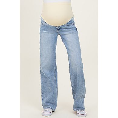 Maternity Blue Lightly Distressed Maternity Wide Leg Jeans