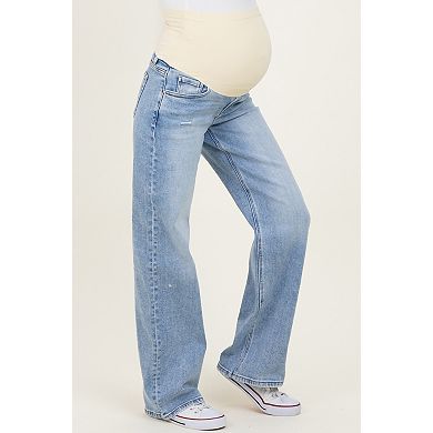 Maternity Blue Lightly Distressed Maternity Wide Leg Jeans