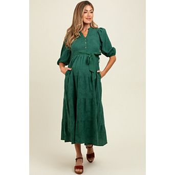 Maternity Green Floral Jacquard Button Front Tiered Dress