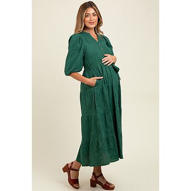 Maternity Green Floral Jacquard Button Front Tiered Dress