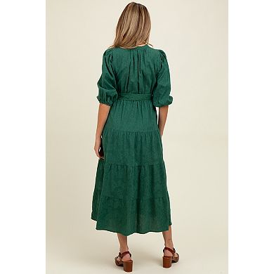 Maternity Green Floral Jacquard Button Front Tiered Dress