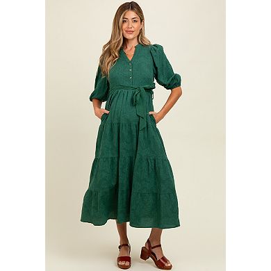 Maternity Green Floral Jacquard Button Front Tiered Dress