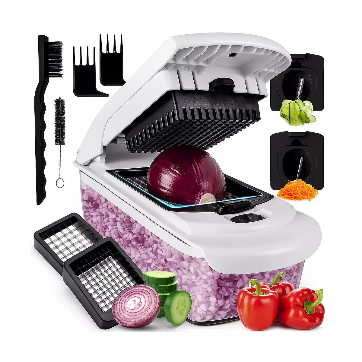 Multipurpose Vegetable Chopper & Spiralizer, 4‑in‑1 Manual Food Slicer, Dicer & Prep Container