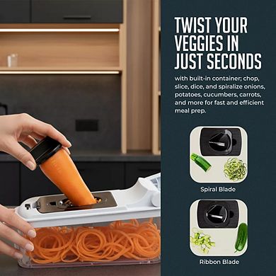 Multipurpose Vegetable Chopper & Spiralizer, 4‑in‑1 Manual Food Slicer, Dicer & Prep Container