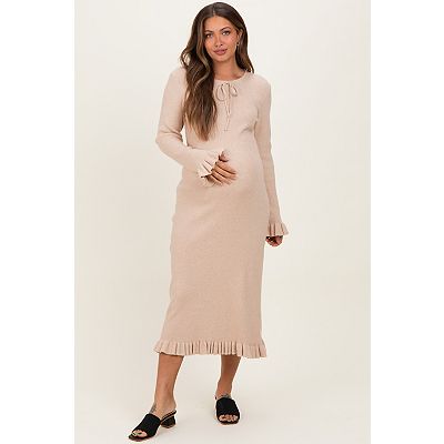 Maternity Ribbed Knit Ruffle Trim Midi Sweater Dress