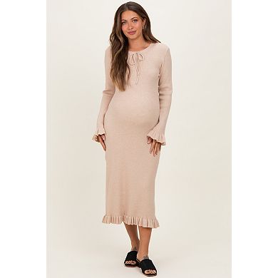 Maternity Ribbed Knit Ruffle Trim Midi Sweater Dress