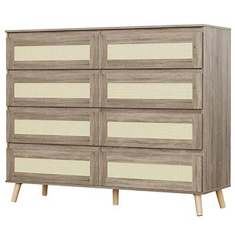 Wooden Dressers for Bedroom with 6 Drawers, Boho Closet Dressers with Rattan Drawers