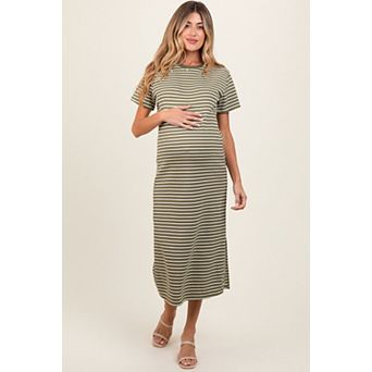 Maternity Striped Short Sleeve Side Slit T-Shirt Midi Dress