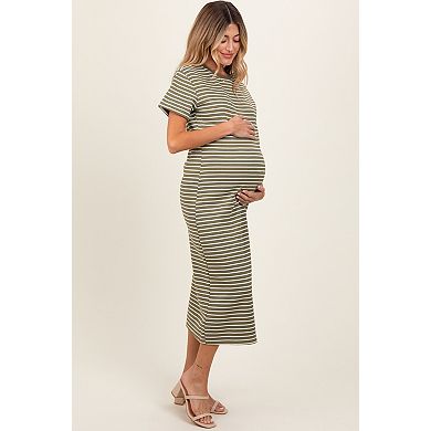 Maternity Striped Short Sleeve Side Slit T-Shirt Midi Dress
