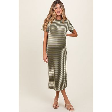 Maternity Striped Short Sleeve Side Slit T-Shirt Midi Dress