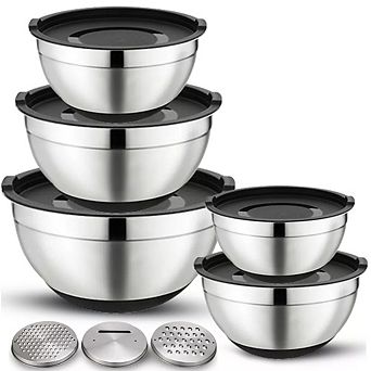5 pc Stainless Steel Mixing Bowls w/ Grater & Lids, Durable Nonslip Nesting Rust-Proof for Cooking