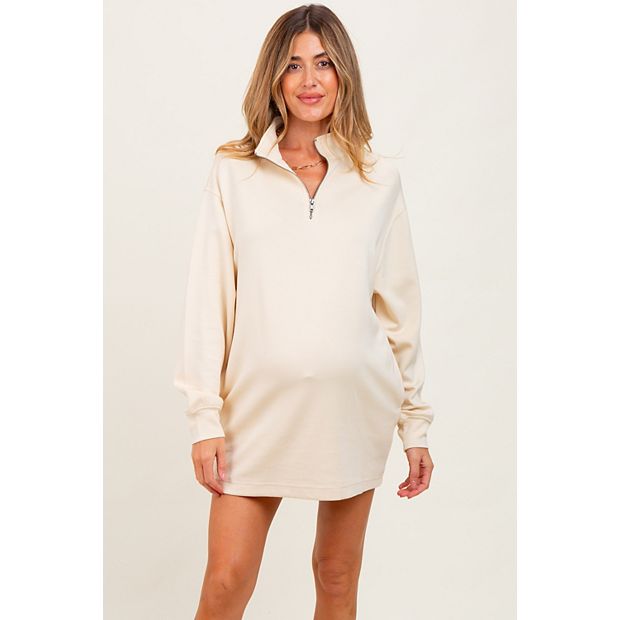 Pinkblush Maternity Cream Half Zip Long Sleeve Mini Dress - Cream