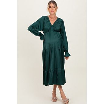 Maternity Green Solid V-Neck Satin Long Sleeve Maxi Dress