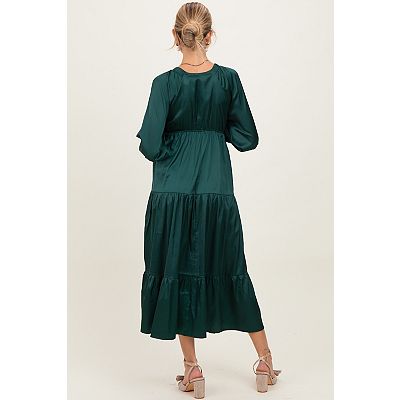 Maternity Green Solid V-Neck Satin Long Sleeve Maxi Dress