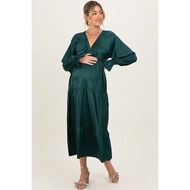 Maternity Green Solid V-Neck Satin Long Sleeve Maxi Dress