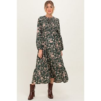 Maternity Floral Smocked Long Sleeve Midi Dress