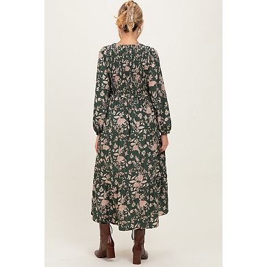 Maternity Floral Smocked Long Sleeve Midi Dress