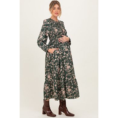 Maternity Floral Smocked Long Sleeve Midi Dress