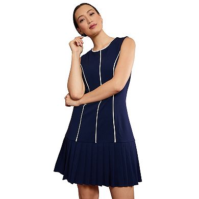 Women's London Times Sleeveless Contrast Piped Pleated Dress
