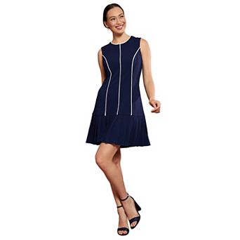 Women's London Times Sleeveless Contrast Piped Pleated Dress