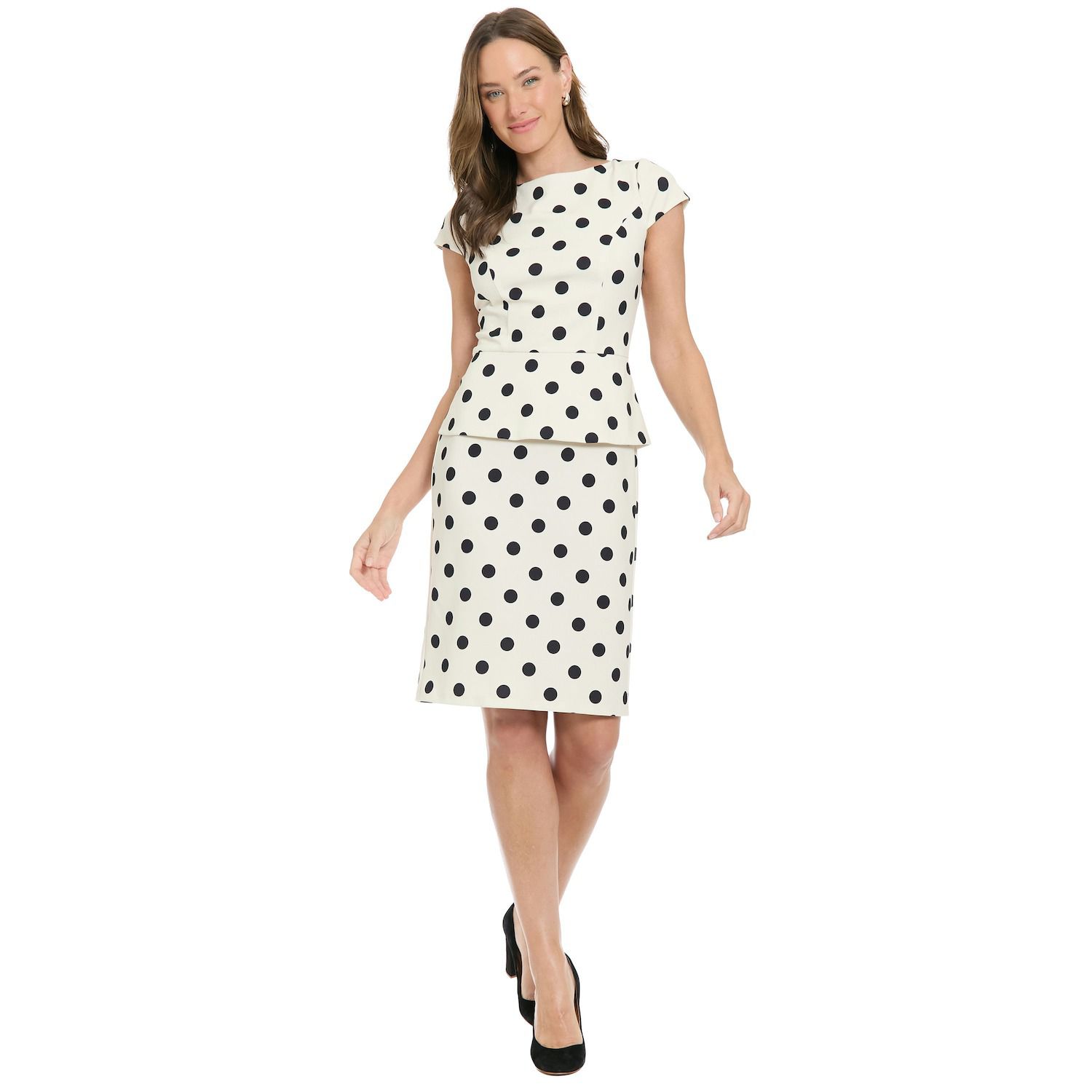 Женские платья London Times Cap Sleeve Peplum Polka-Dot Sheath Dress