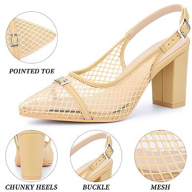 Women's Mesh Heel Sandals Mental Buckle Chunky Heel Pumps