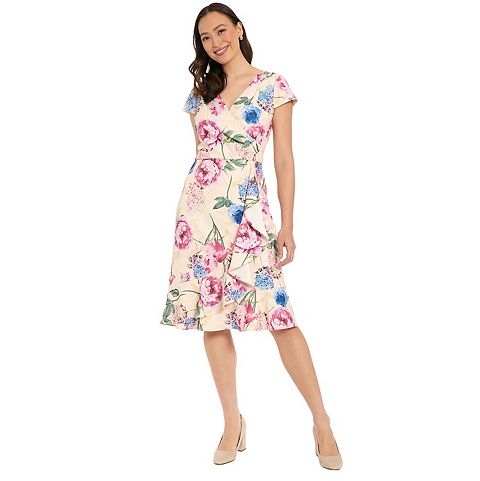 Женские платья London Women's London Times Cap Sleeve Ruffle Wrap Dress with Flounce Hem