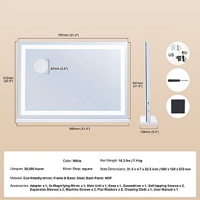 3-Color LED Vanity Mirror with Touch Control and USB Port for Bathroom or Vanity - White
