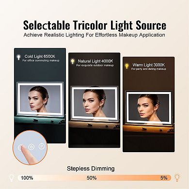 3-Color LED Vanity Mirror with Touch Control and USB Port for Bathroom or Vanity - White
