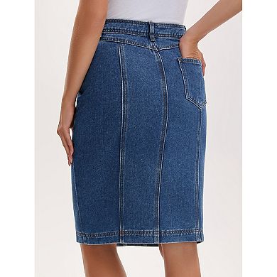 Women's Denim Skirt Button Down Pockets Western Midi Jean Skirts