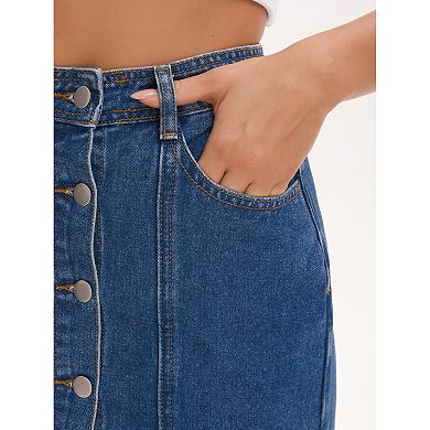 Women's Denim Skirt Button Down Pockets Western Midi Jean Skirts