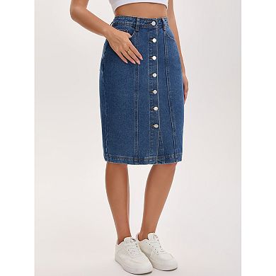 Women's Denim Skirt Button Down Pockets Western Midi Jean Skirts