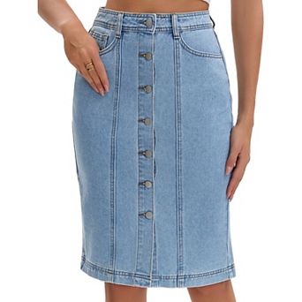Women's Denim Skirt Button Down Pockets Western Midi Jean Skirts