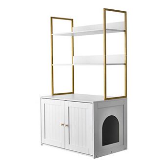Hidden Cat Litter Box Enclosure Cabinet with Shelf and Flat Storage Top - White