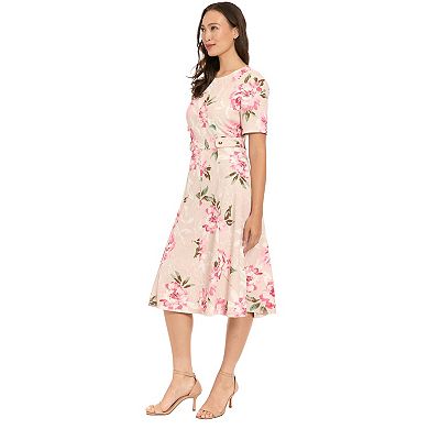 Women's London Times Short Sleeve Fit & Flare Dress with Side Tabs