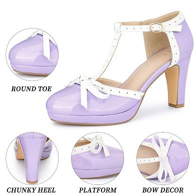 Women's Platform Bow Heels T-Strap Chunky Heel Pumps