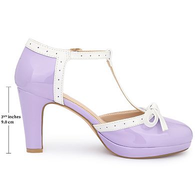 Women's Platform Bow Heels T-Strap Chunky Heel Pumps