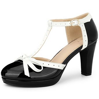 Women's Platform Bow Heels T-Strap Chunky Heel Pumps