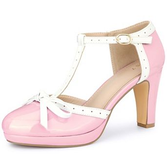Women's Platform Bow Heels T-Strap Chunky Heel Pumps