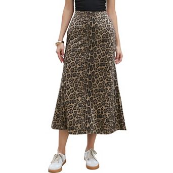 Leopard Skirt for Women's Elastic High Waist A-Line Maxi Long Skirts