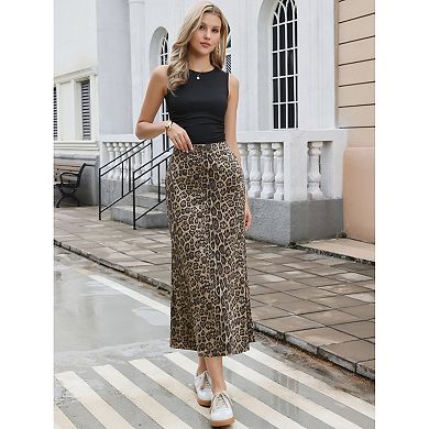 Leopard Skirt for Women's Elastic High Waist A-Line Maxi Long Skirts