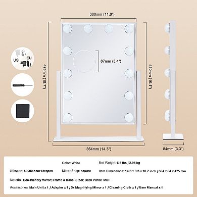 Vanity LED Mirror with 3-Color Lights, 360° Rotation and Detachable Magnifying Mirror - White
