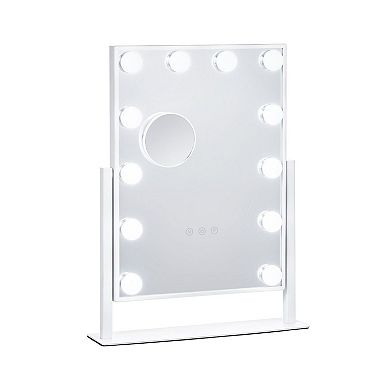 Vanity LED Mirror with 3-Color Lights, 360° Rotation and Detachable Magnifying Mirror - White