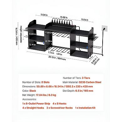 3-Tier Wall Mounted Tool Rack with 8 Drill Slots and 8-Outlet Power Board