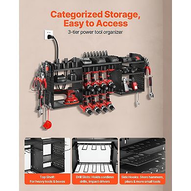 3-Tier Wall Mounted Tool Rack with 8 Drill Slots and 8-Outlet Power Board