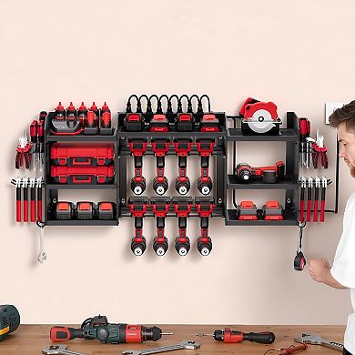 3-Tier Wall Mounted Tool Rack with 8 Drill Slots and 8-Outlet Power Board