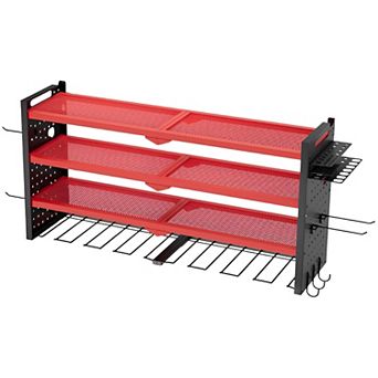 Wall Mounted Garage Tool Rack with Drill Slots, Hooks, and Adjustable Shelf - Red