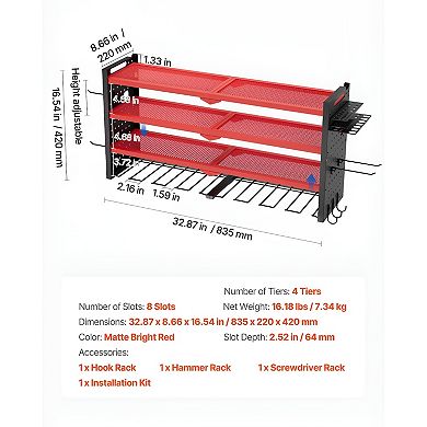 Wall Mounted Garage Tool Rack with Drill Slots, Hooks, and Adjustable Shelf - Red