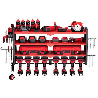 Wall Mounted Garage Tool Rack with Drill Slots, Hooks, and Adjustable Shelf - Red