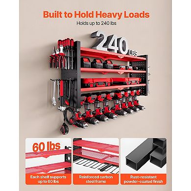 Wall Mounted Garage Tool Rack with Drill Slots, Hooks, and Adjustable Shelf - Red